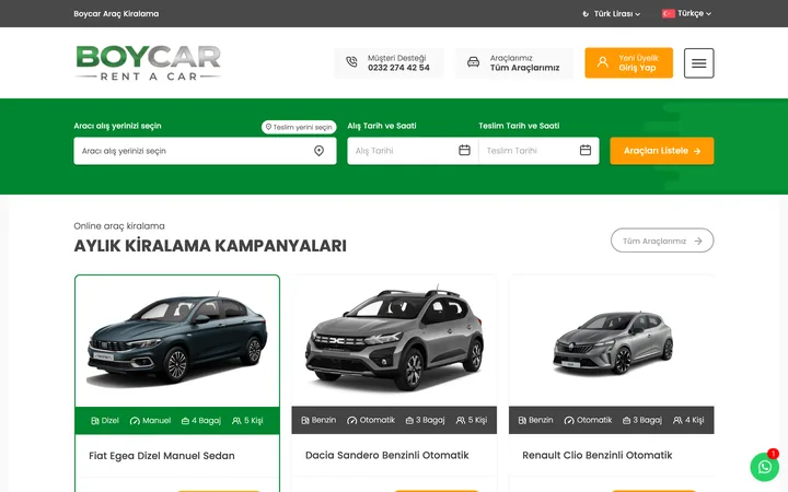 Boycar Rent a Car web sitesinin ana sayfası