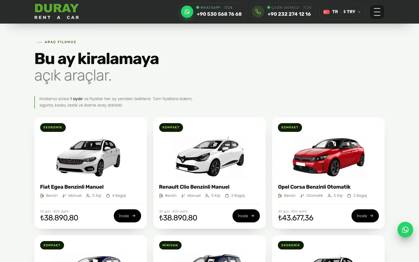 Duray sitesinde 30 günlük fiyatlarıyla aylık kiralık araçlar
