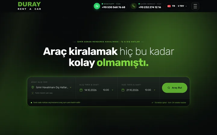 Duray Rent a Car web sitesinin ana sayfası