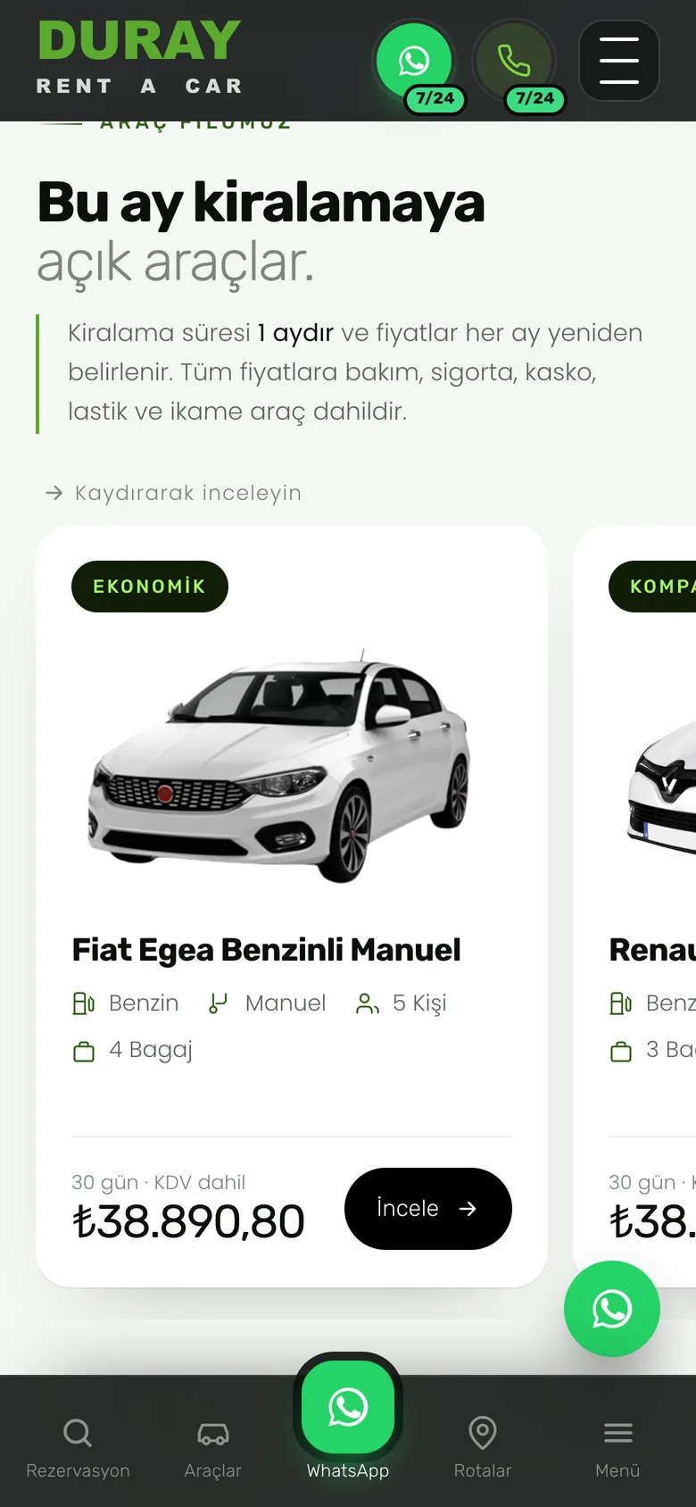 Duray sitesinin telefonda aylık kiralık araç kartları