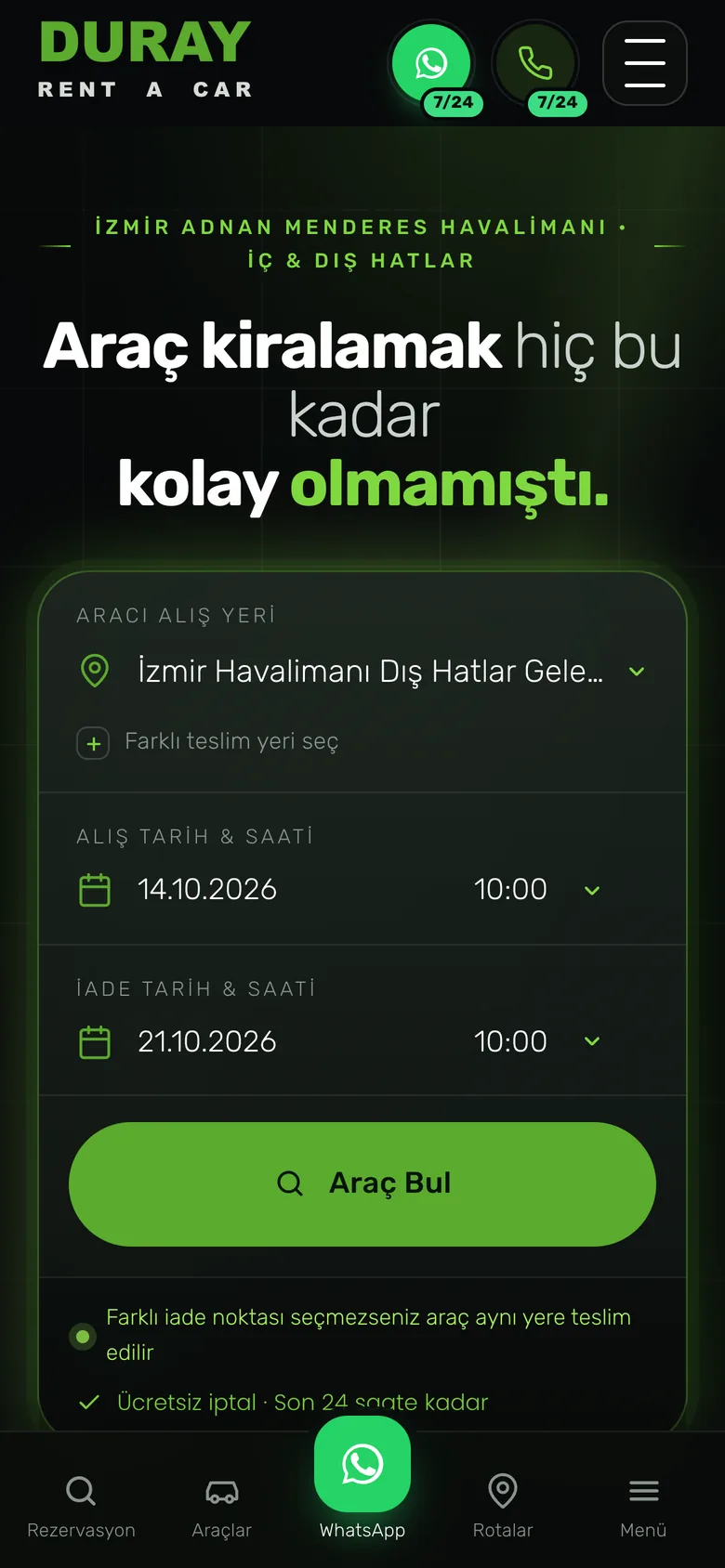Duray Rent a Car sitesinin telefondaki görünümü