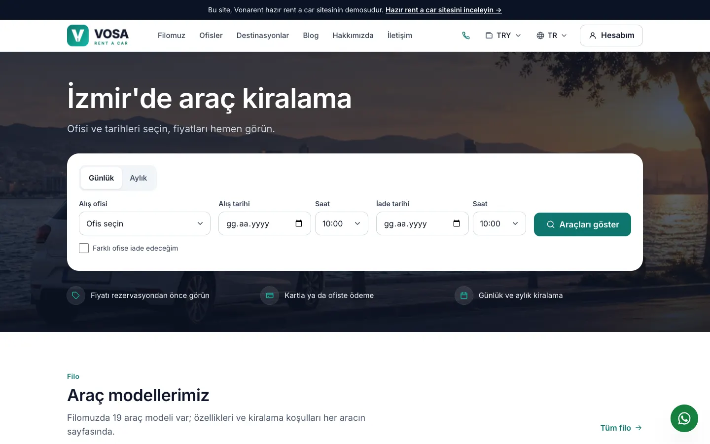 Vonarent hazır rent a car sitesi demosu Vosa’nın ana sayfası: ofis ve tarih seçilen rezervasyon formu
