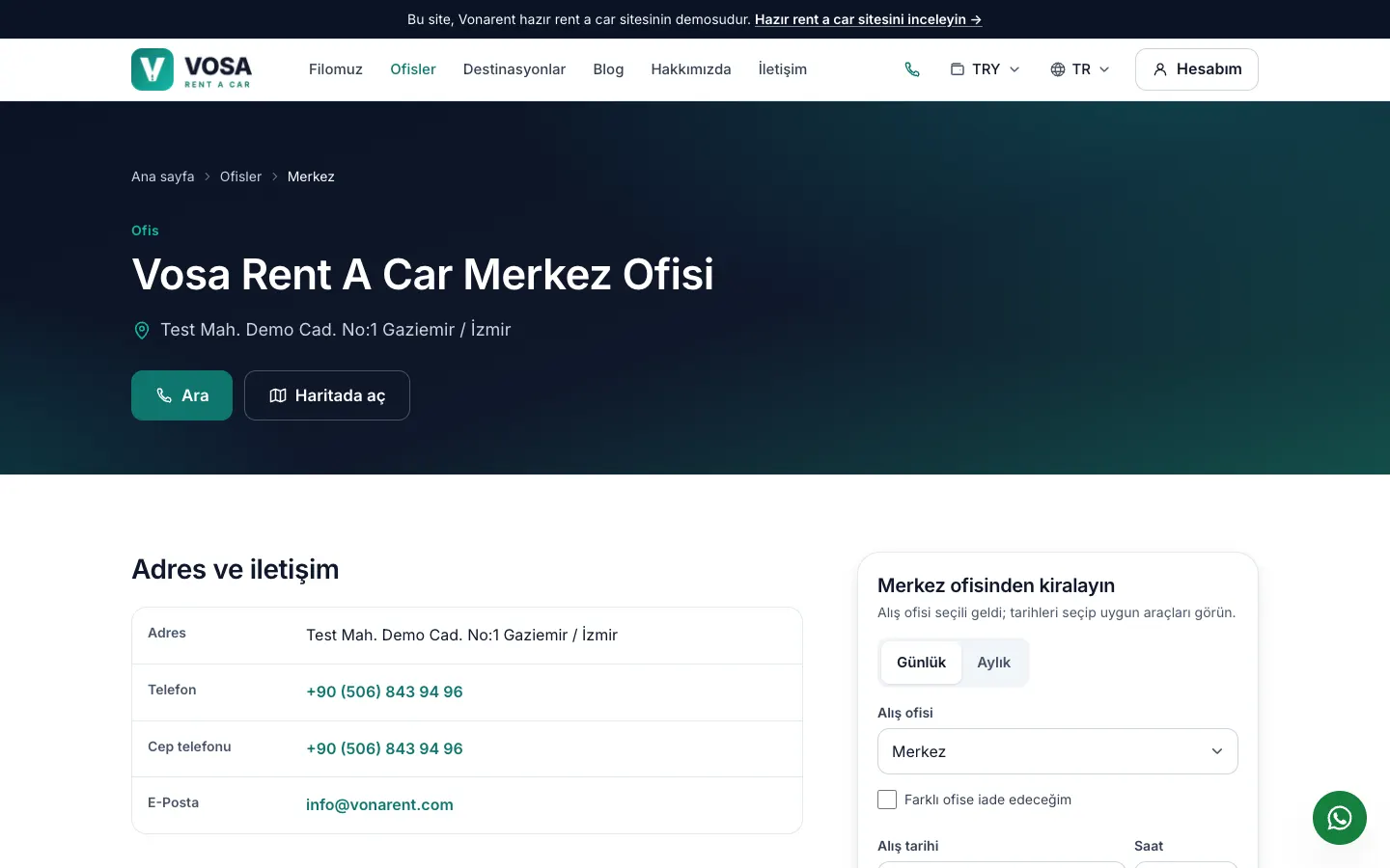 Vosa ofis sayfası: adres, harita bağlantısı, çalışma saatleri ve telefon