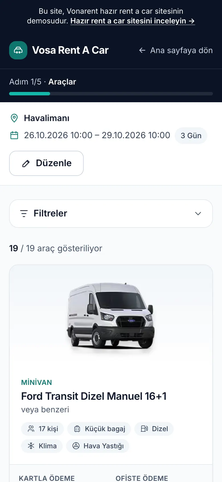 Vosa’da telefonda müsait araçlar ve fiyatlar