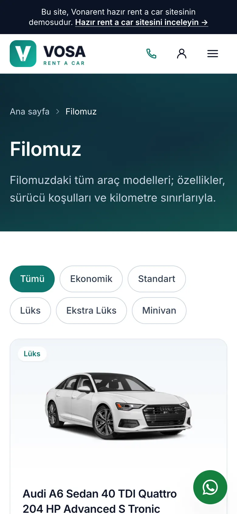 Vosa filo sayfasının telefondaki görünümü