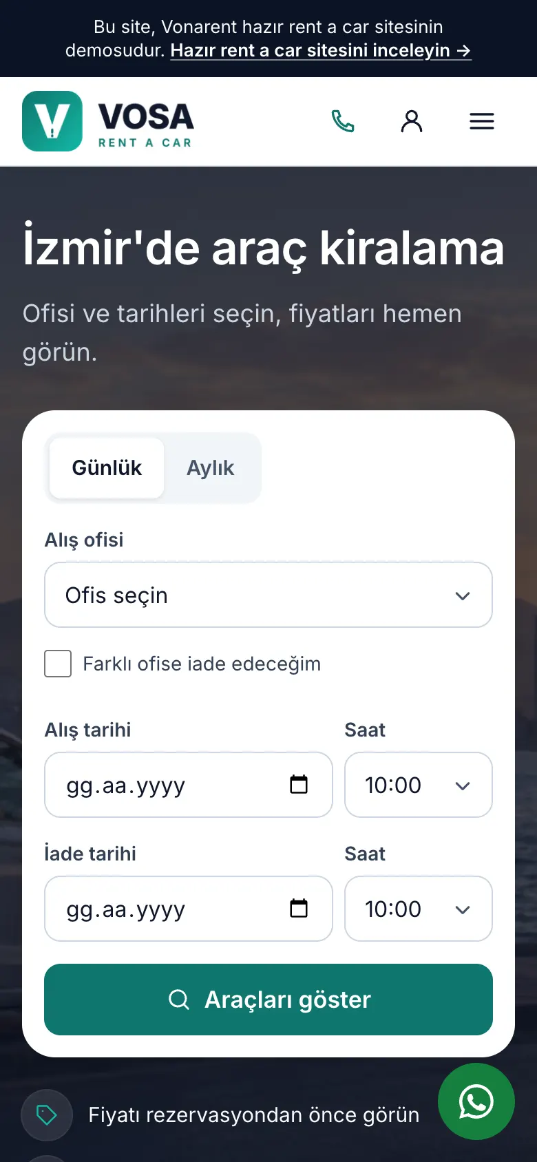 Hazır rent a car sitesi demosunun telefondaki görünümü